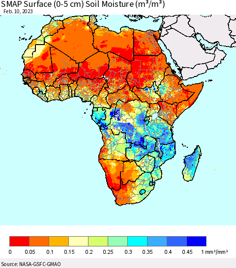 Africa SMAP Surface (0-5 cm) Soil Moisture (m³/m³) Thematic Map For 2/6/2023 - 2/10/2023
