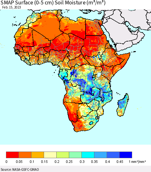 Africa SMAP Surface (0-5 cm) Soil Moisture (m³/m³) Thematic Map For 2/11/2023 - 2/15/2023