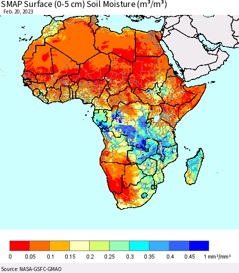 Africa SMAP Surface (0-5 cm) Soil Moisture (m³/m³) Thematic Map For 2/16/2023 - 2/20/2023