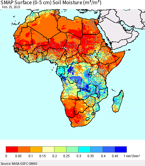 Africa SMAP Surface (0-5 cm) Soil Moisture (m³/m³) Thematic Map For 2/21/2023 - 2/25/2023
