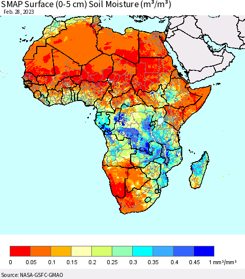 Africa SMAP Surface (0-5 cm) Soil Moisture (m³/m³) Thematic Map For 2/26/2023 - 2/28/2023