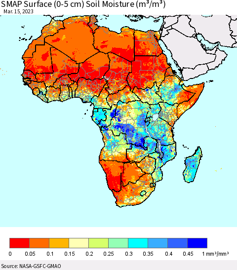 Africa SMAP Surface (0-5 cm) Soil Moisture (m³/m³) Thematic Map For 3/11/2023 - 3/15/2023