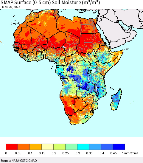 Africa SMAP Surface (0-5 cm) Soil Moisture (m³/m³) Thematic Map For 3/16/2023 - 3/20/2023