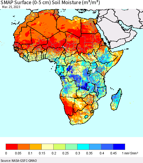 Africa SMAP Surface (0-5 cm) Soil Moisture (m³/m³) Thematic Map For 3/21/2023 - 3/25/2023