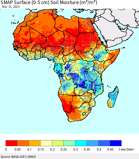 Africa SMAP Surface (0-5 cm) Soil Moisture (m³/m³) Thematic Map For 3/26/2023 - 3/31/2023
