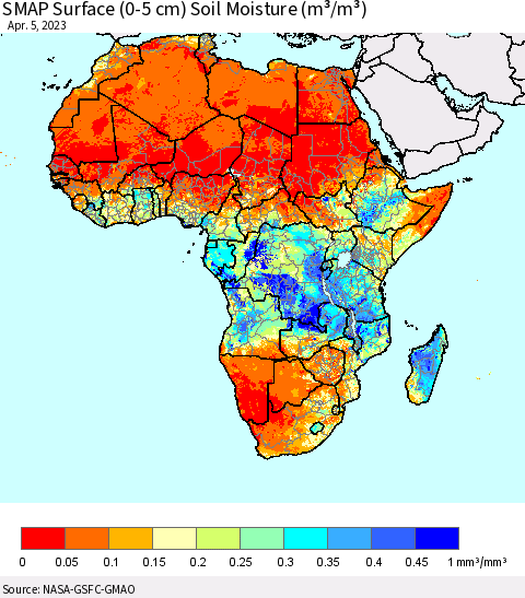 Africa SMAP Surface (0-5 cm) Soil Moisture (m³/m³) Thematic Map For 4/1/2023 - 4/5/2023