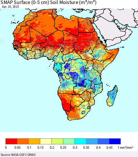 Africa SMAP Surface (0-5 cm) Soil Moisture (m³/m³) Thematic Map For 4/6/2023 - 4/10/2023