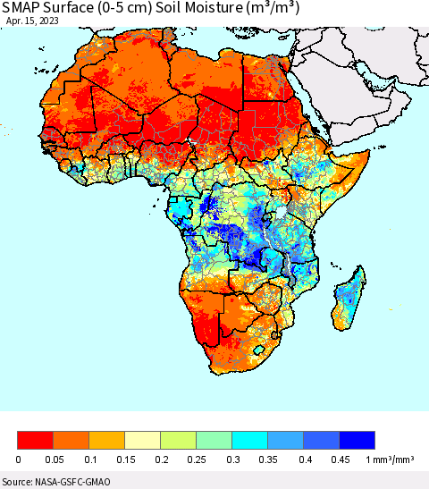 Africa SMAP Surface (0-5 cm) Soil Moisture (m³/m³) Thematic Map For 4/11/2023 - 4/15/2023