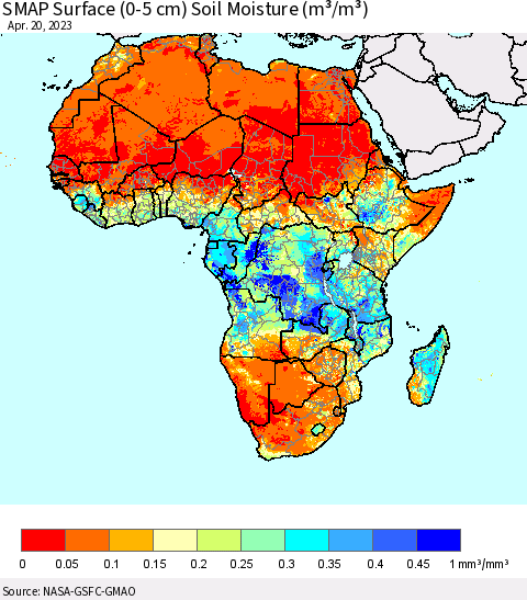 Africa SMAP Surface (0-5 cm) Soil Moisture (m³/m³) Thematic Map For 4/16/2023 - 4/20/2023