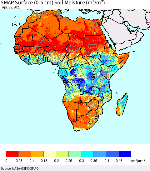 Africa SMAP Surface (0-5 cm) Soil Moisture (m³/m³) Thematic Map For 4/21/2023 - 4/25/2023