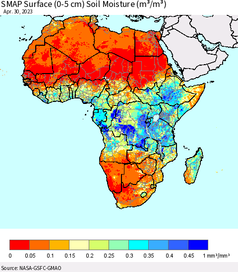 Africa SMAP Surface (0-5 cm) Soil Moisture (m³/m³) Thematic Map For 4/26/2023 - 4/30/2023
