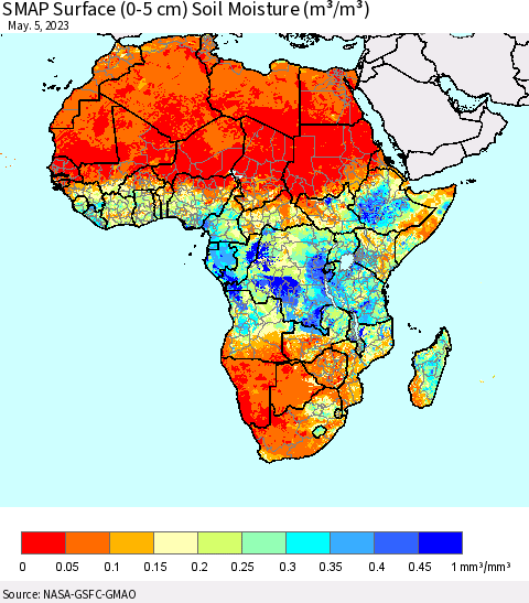 Africa SMAP Surface (0-5 cm) Soil Moisture (m³/m³) Thematic Map For 5/1/2023 - 5/5/2023