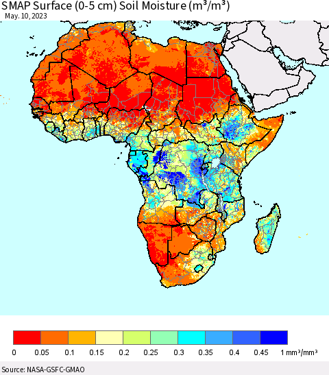 Africa SMAP Surface (0-5 cm) Soil Moisture (m³/m³) Thematic Map For 5/6/2023 - 5/10/2023