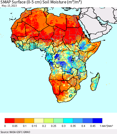 Africa SMAP Surface (0-5 cm) Soil Moisture (m³/m³) Thematic Map For 5/11/2023 - 5/15/2023