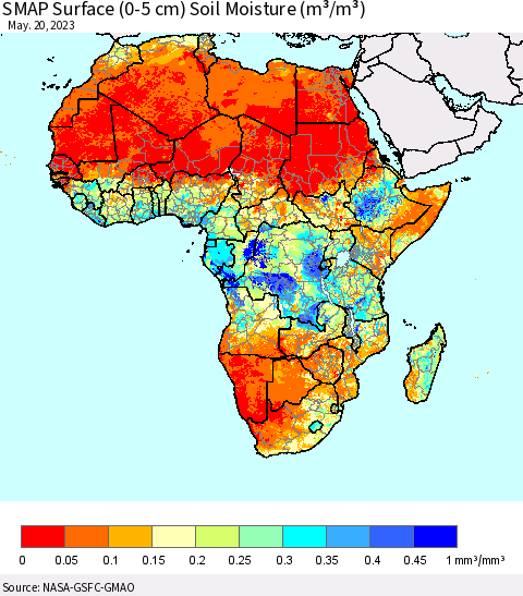 Africa SMAP Surface (0-5 cm) Soil Moisture (m³/m³) Thematic Map For 5/16/2023 - 5/20/2023