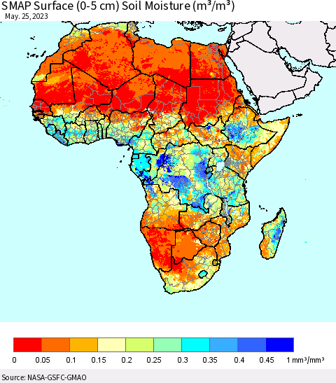 Africa SMAP Surface (0-5 cm) Soil Moisture (m³/m³) Thematic Map For 5/21/2023 - 5/25/2023