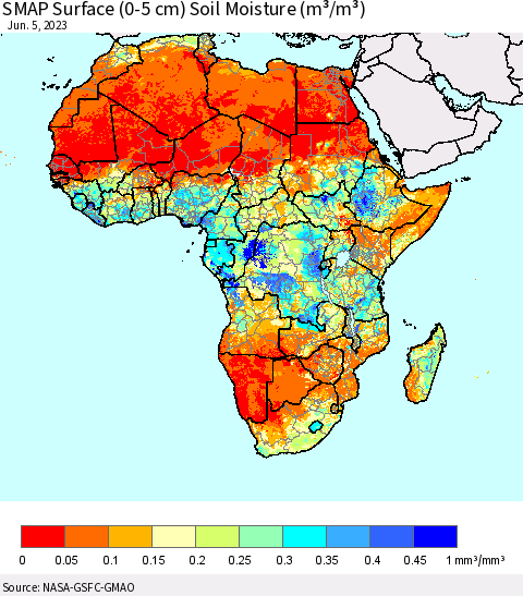 Africa SMAP Surface (0-5 cm) Soil Moisture (m³/m³) Thematic Map For 6/1/2023 - 6/5/2023