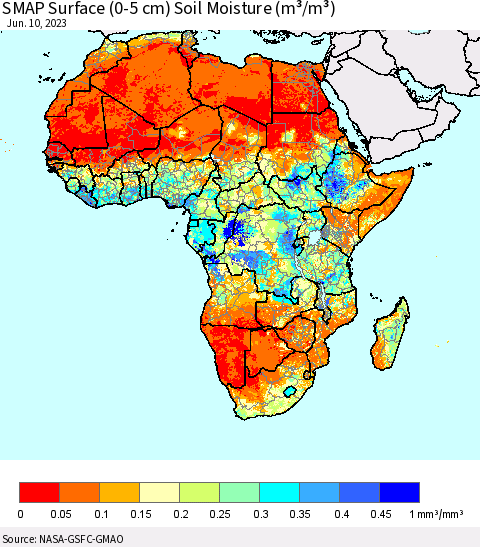 Africa SMAP Surface (0-5 cm) Soil Moisture (m³/m³) Thematic Map For 6/6/2023 - 6/10/2023