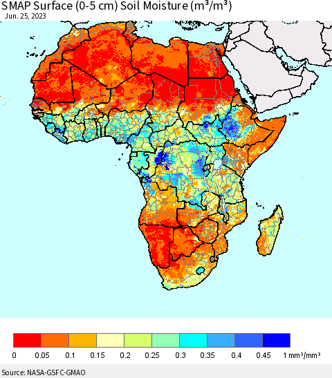 Africa SMAP Surface (0-5 cm) Soil Moisture (m³/m³) Thematic Map For 6/21/2023 - 6/25/2023