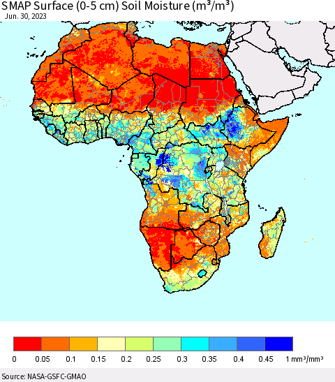 Africa SMAP Surface (0-5 cm) Soil Moisture (m³/m³) Thematic Map For 6/26/2023 - 6/30/2023