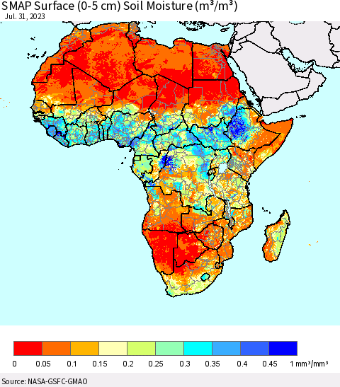 Africa SMAP Surface (0-5 cm) Soil Moisture (m³/m³) Thematic Map For 7/26/2023 - 7/31/2023