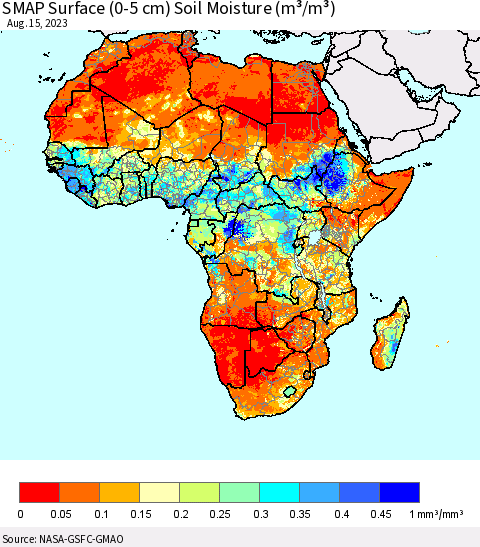 Africa SMAP Surface (0-5 cm) Soil Moisture (m³/m³) Thematic Map For 8/11/2023 - 8/15/2023