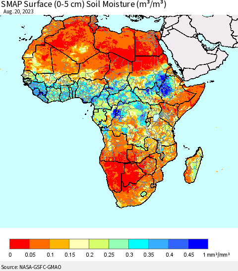 Africa SMAP Surface (0-5 cm) Soil Moisture (m³/m³) Thematic Map For 8/16/2023 - 8/20/2023