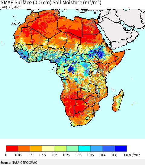 Africa SMAP Surface (0-5 cm) Soil Moisture (m³/m³) Thematic Map For 8/21/2023 - 8/25/2023