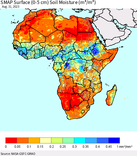 Africa SMAP Surface (0-5 cm) Soil Moisture (m³/m³) Thematic Map For 8/26/2023 - 8/31/2023