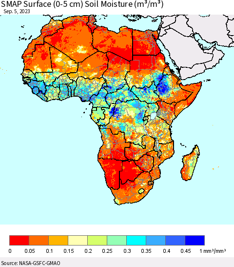 Africa SMAP Surface (0-5 cm) Soil Moisture (m³/m³) Thematic Map For 9/1/2023 - 9/5/2023