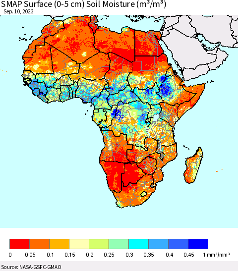 Africa SMAP Surface (0-5 cm) Soil Moisture (m³/m³) Thematic Map For 9/6/2023 - 9/10/2023
