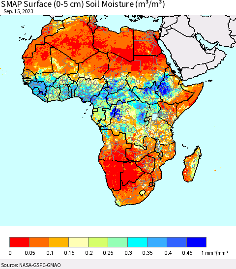 Africa SMAP Surface (0-5 cm) Soil Moisture (m³/m³) Thematic Map For 9/11/2023 - 9/15/2023