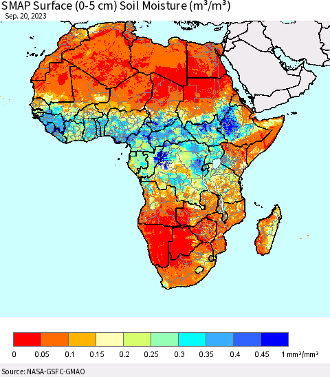 Africa SMAP Surface (0-5 cm) Soil Moisture (m³/m³) Thematic Map For 9/16/2023 - 9/20/2023