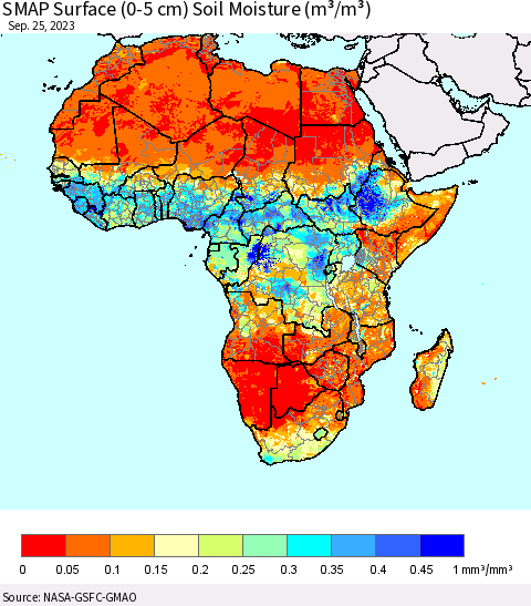 Africa SMAP Surface (0-5 cm) Soil Moisture (m³/m³) Thematic Map For 9/21/2023 - 9/25/2023