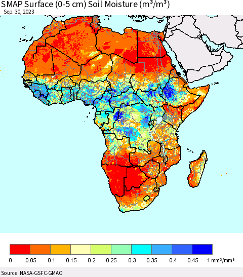 Africa SMAP Surface (0-5 cm) Soil Moisture (m³/m³) Thematic Map For 9/26/2023 - 9/30/2023