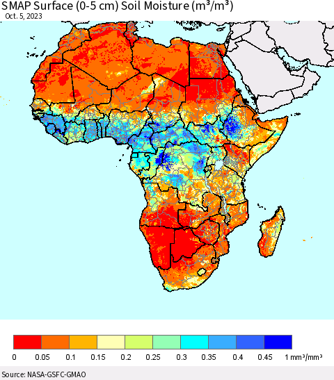 Africa SMAP Surface (0-5 cm) Soil Moisture (m³/m³) Thematic Map For 10/1/2023 - 10/5/2023