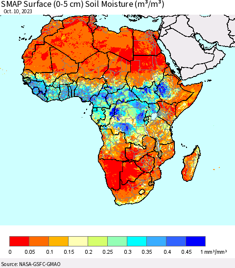 Africa SMAP Surface (0-5 cm) Soil Moisture (m³/m³) Thematic Map For 10/6/2023 - 10/10/2023