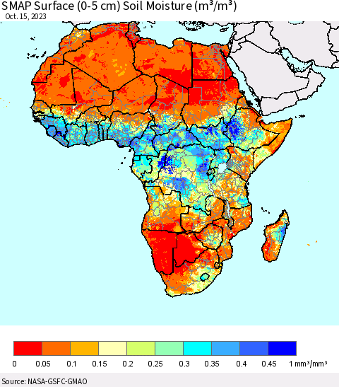 Africa SMAP Surface (0-5 cm) Soil Moisture (m³/m³) Thematic Map For 10/11/2023 - 10/15/2023