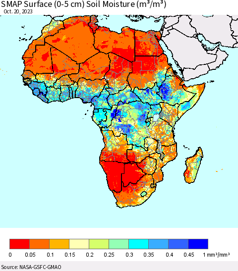 Africa SMAP Surface (0-5 cm) Soil Moisture (m³/m³) Thematic Map For 10/16/2023 - 10/20/2023
