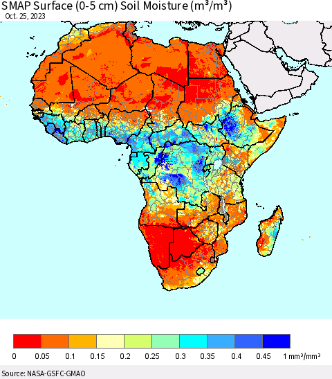 Africa SMAP Surface (0-5 cm) Soil Moisture (m³/m³) Thematic Map For 10/21/2023 - 10/25/2023