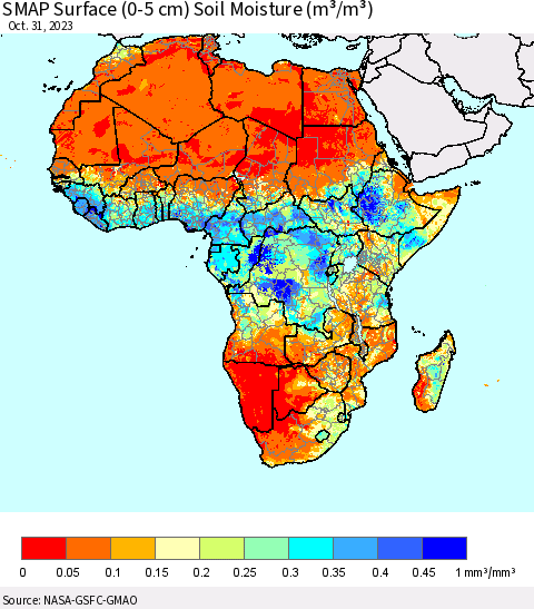 Africa SMAP Surface (0-5 cm) Soil Moisture (m³/m³) Thematic Map For 10/26/2023 - 10/31/2023