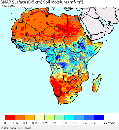 Africa SMAP Surface (0-5 cm) Soil Moisture (m³/m³) Thematic Map For 11/1/2023 - 11/5/2023