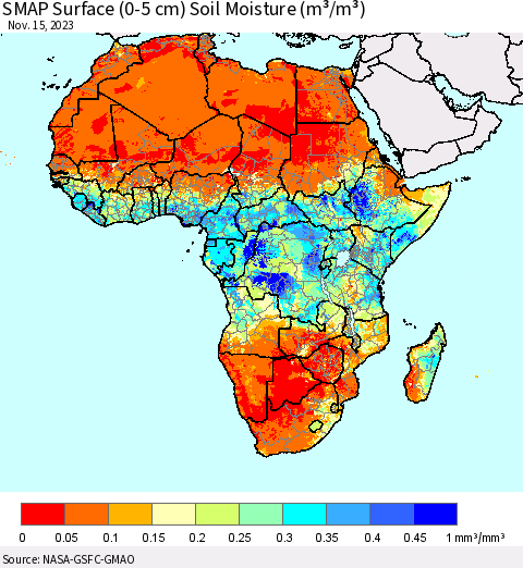 Africa SMAP Surface (0-5 cm) Soil Moisture (m³/m³) Thematic Map For 11/11/2023 - 11/15/2023