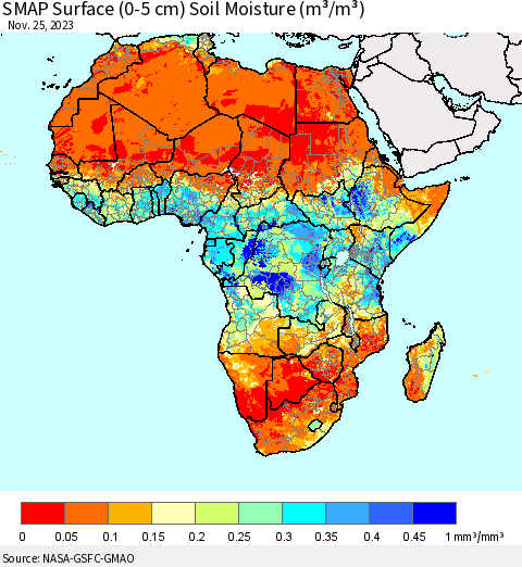 Africa SMAP Surface (0-5 cm) Soil Moisture (m³/m³) Thematic Map For 11/21/2023 - 11/25/2023