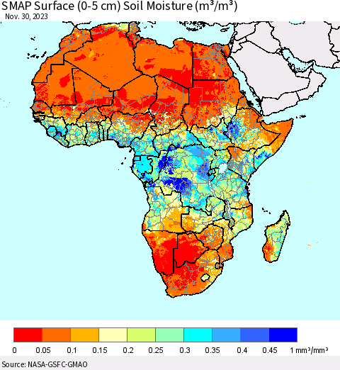 Africa SMAP Surface (0-5 cm) Soil Moisture (m³/m³) Thematic Map For 11/26/2023 - 11/30/2023