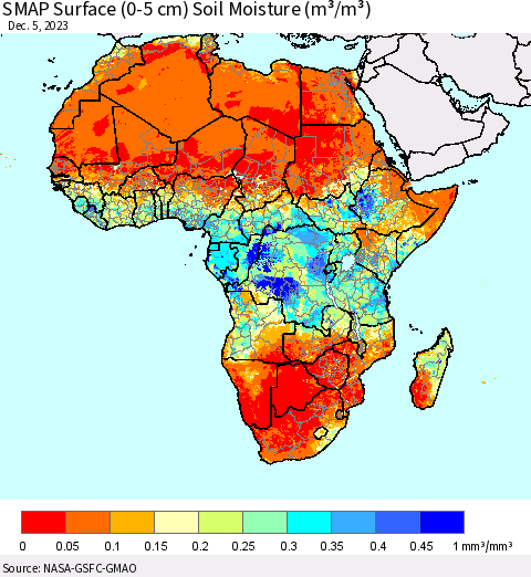 Africa SMAP Surface (0-5 cm) Soil Moisture (m³/m³) Thematic Map For 12/1/2023 - 12/5/2023