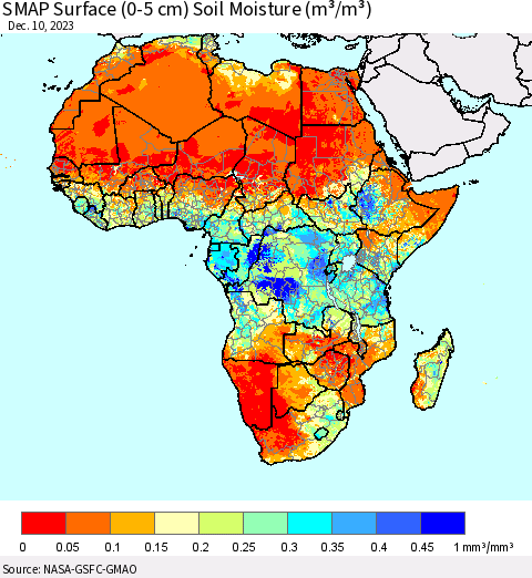 Africa SMAP Surface (0-5 cm) Soil Moisture (m³/m³) Thematic Map For 12/6/2023 - 12/10/2023