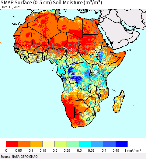 Africa SMAP Surface (0-5 cm) Soil Moisture (m³/m³) Thematic Map For 12/11/2023 - 12/15/2023