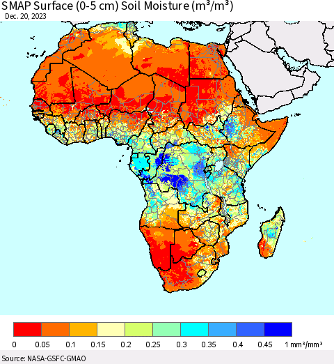 Africa SMAP Surface (0-5 cm) Soil Moisture (m³/m³) Thematic Map For 12/16/2023 - 12/20/2023