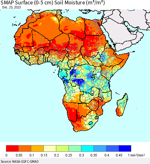 Africa SMAP Surface (0-5 cm) Soil Moisture (m³/m³) Thematic Map For 12/21/2023 - 12/25/2023